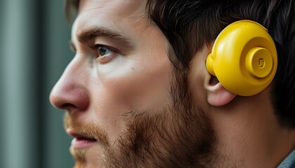 Wall Mural - Close-up of a worker wearing yellow earplugs for hearing protection while focused on safety measures