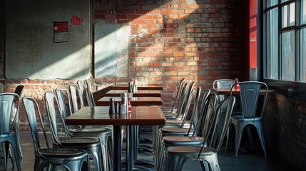 Poster - A rustic dining area with metal chairs and wooden tables, illuminated by natural light.