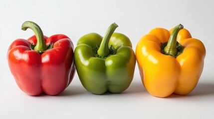 Wall Mural - Three colorful bell peppers arranged side by side on a neutral background.