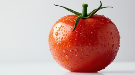 Poster - A fresh, dewy red tomato on a white background, highlighting its vibrant color and texture.