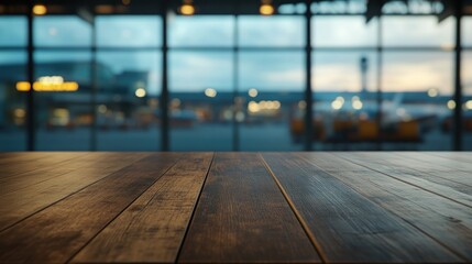 Sticker - A wooden table in an airport setting, with blurred planes and terminal in the background.