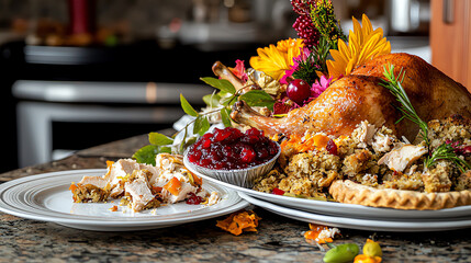 Wall Mural - A beautifully arranged feast featuring turkey, stuffing, and cranberry sauce, perfect for festive gatherings and Thanksgiving celebrations.