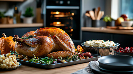 Wall Mural - A beautifully roasted turkey surrounded by festive dishes, perfect for holiday gatherings and family feasts.