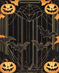 Art deco Halloween card, black and gold geometric patterns.