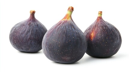 Wall Mural - Three ripe figs arranged on a white background.