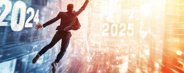 Businessman jumping from 2024 to 2025 in city with motion blur