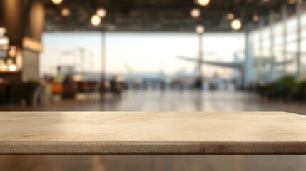 Wall Mural - A blurred airport interior with a wooden table in the foreground.