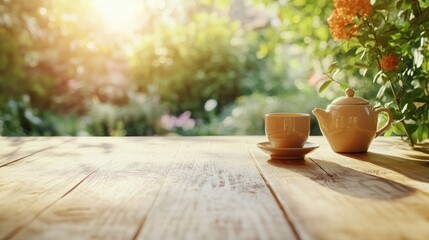 Poster - A serene outdoor scene featuring a teapot and cup on a wooden table amidst lush greenery.