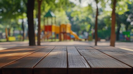 Canvas Print - A wooden table in a park with playground equipment in the background.