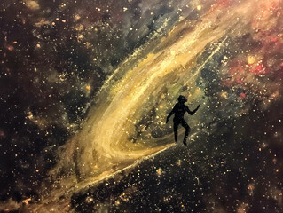 Wall Mural - A painting of a person in a black suit and a surfboard, floating in space