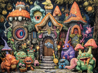 Sticker - A painting of a house with a door and a bunch of monsters. The mood of the painting is creepy and unsettling