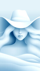 Wall Mural - A woman with long blonde hair is wearing a cowboy hat. The hat is white and has a blue rim. The woman's face is the main focus of the image, and she is smiling