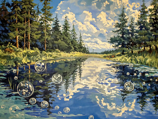 Wall Mural - A painting of a forest with a river and bubbles floating on the water. The bubbles are scattered throughout the water, creating a sense of movement and playfulness