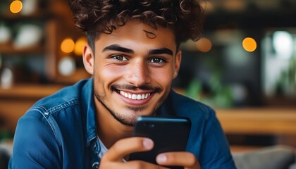 Wall Mural - Joyful young man reacting with excitement to amusing news on his smartphone