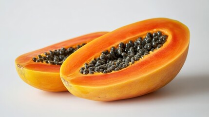 Wall Mural - A halved papaya showcasing its vibrant orange flesh and black seeds.