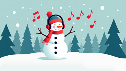 Wall Mural - Cartoon snowman listening to music