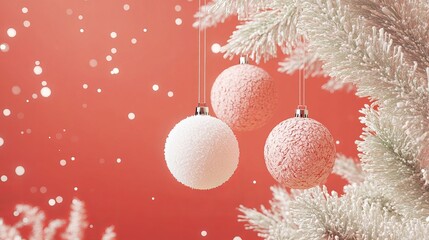 A Christmas scene featuring three ornaments hanging against a snowy, coral-colored backdrop.