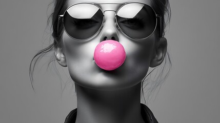 Wall Mural - Close-up portrait of a woman with sunglasses blowing a bubble of pink chewing gum.