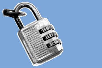 close up of combination padlock pixelate color halftone dotted texture style collage element isolated on blue background