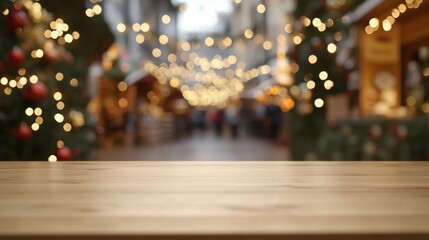 Wall Mural - A blurred festive market scene with a wooden tabletop in the foreground.