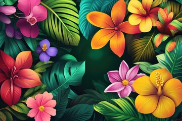 Wall Mural - Vibrant Tropical Flowers and Lush Green Foliage