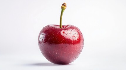 Wall Mural - A close-up of a fresh, red apple with water droplets on a light background.