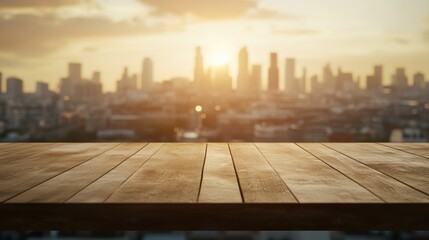 Wall Mural - Sunset skyline view with a wooden table in the foreground.