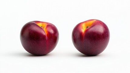 Sticker - Two shiny red plums on a white background, showcasing their vibrant color and smooth texture.