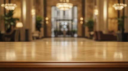 A blurred view of an elegant hotel lobby with a polished wooden table in the foreground.