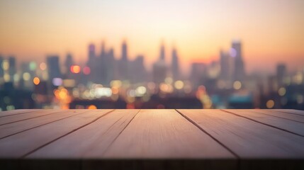 A blurred city skyline at sunset with a wooden table in the foreground.