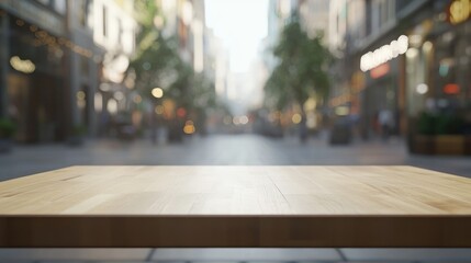 Poster - A wooden table in focus with a blurred urban street scene in the background.