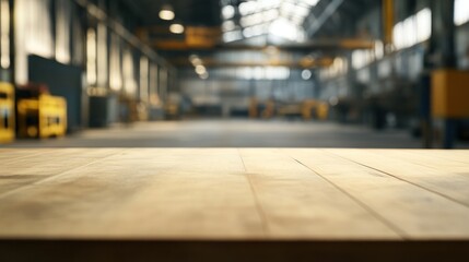 Wall Mural - A blurred industrial workspace with a wooden surface in the foreground.