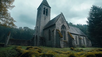 Sticker - An abandoned stone church surrounded by overgrown grass and trees in a misty forest.