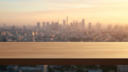 Canvas Print - A wooden table in the foreground with a blurred city skyline at sunset in the background.