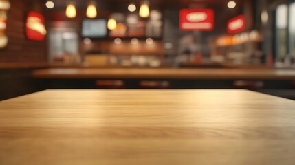 Canvas Print - A blurred view of a wooden table in a restaurant setting with soft lighting and decor.