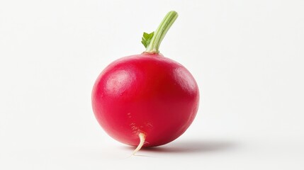 Wall Mural - A single red radish with a green stem on a white background.