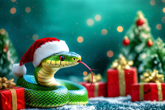 Green snake in Santa hat, symbol of Chinese New Year 2025. Computer graphics against background of Christmas trees and gifts.Close up.Generative AI