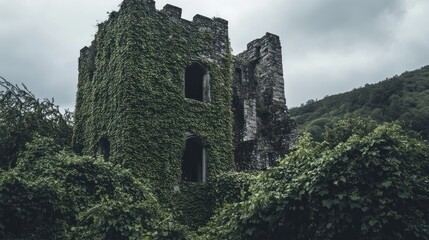 Poster - A moss-covered, ivy-clad stone tower amidst a lush green landscape under a cloudy sky.