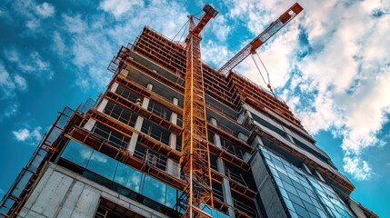 Sticker - A construction site featuring a tall building with cranes against a blue sky.