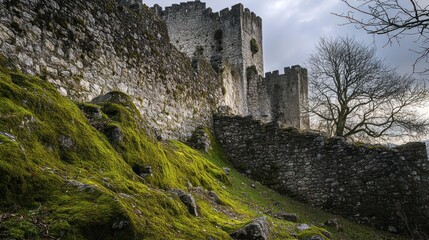 Canvas Print - A moss-covered pathway leads to ancient stone castle walls under a cloudy sky.