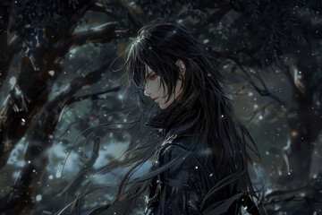 Sticker - A woman with long black hair stands in a forest with snow on the ground