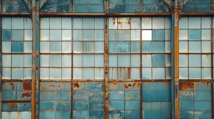 Poster - A weathered industrial building facade with blue panels and rusted metal frames.