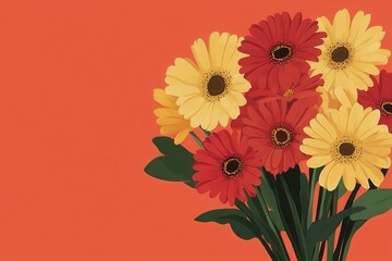 Wall Mural - Yellow and Red Gerbera Daisies on an Orange Background