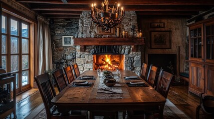 Canvas Print - A cozy dining room with a warm fireplace, inviting for gatherings and meals.