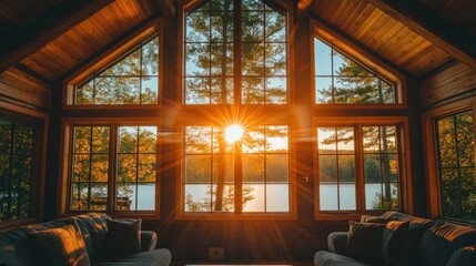 Canvas Print - Cozy cabin interior with large windows showcasing a sunset over a serene lake.