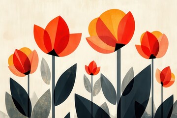 Wall Mural - Abstract Geometric Red and Orange Flowers with Black Stems