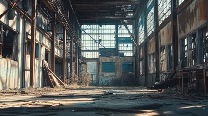 Wall Mural - An abandoned industrial space with rusted structures and natural overgrowth.