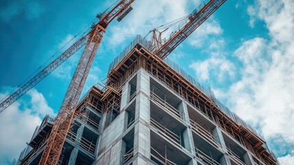 Wall Mural - Construction site with a crane and unfinished building against a blue sky.