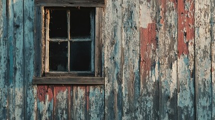 Wall Mural - A close-up of a weathered wooden wall featuring a small, dark window.