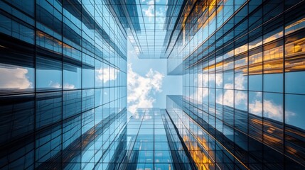 Wall Mural - A view of modern skyscrapers reflecting the sky, showcasing urban architecture.